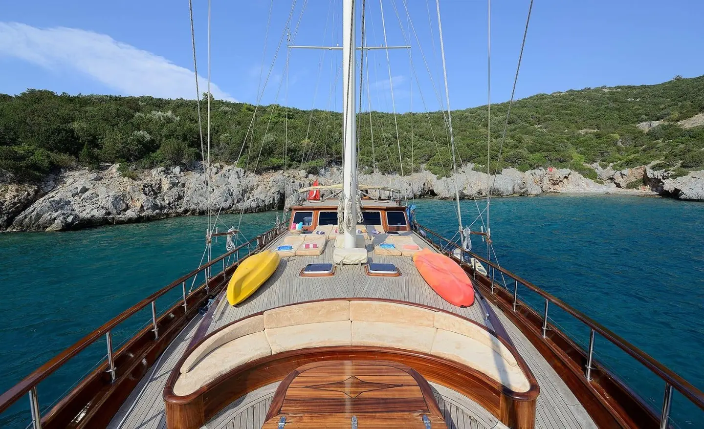View from yacht Samarkand bow with deck seating toward calm blue sea