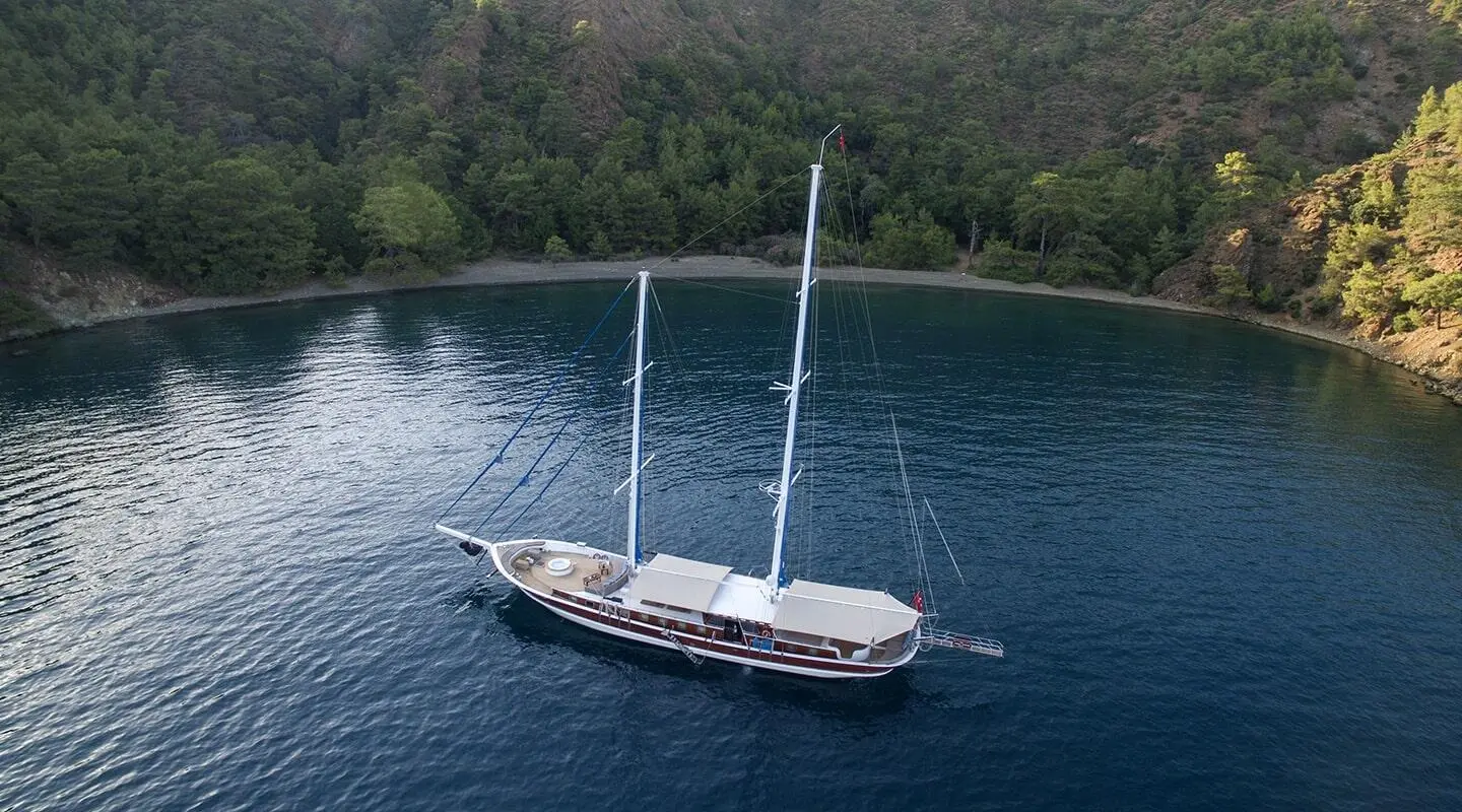 Kayhan Kaptan yacht anchored beside green forested shoreline at dusk