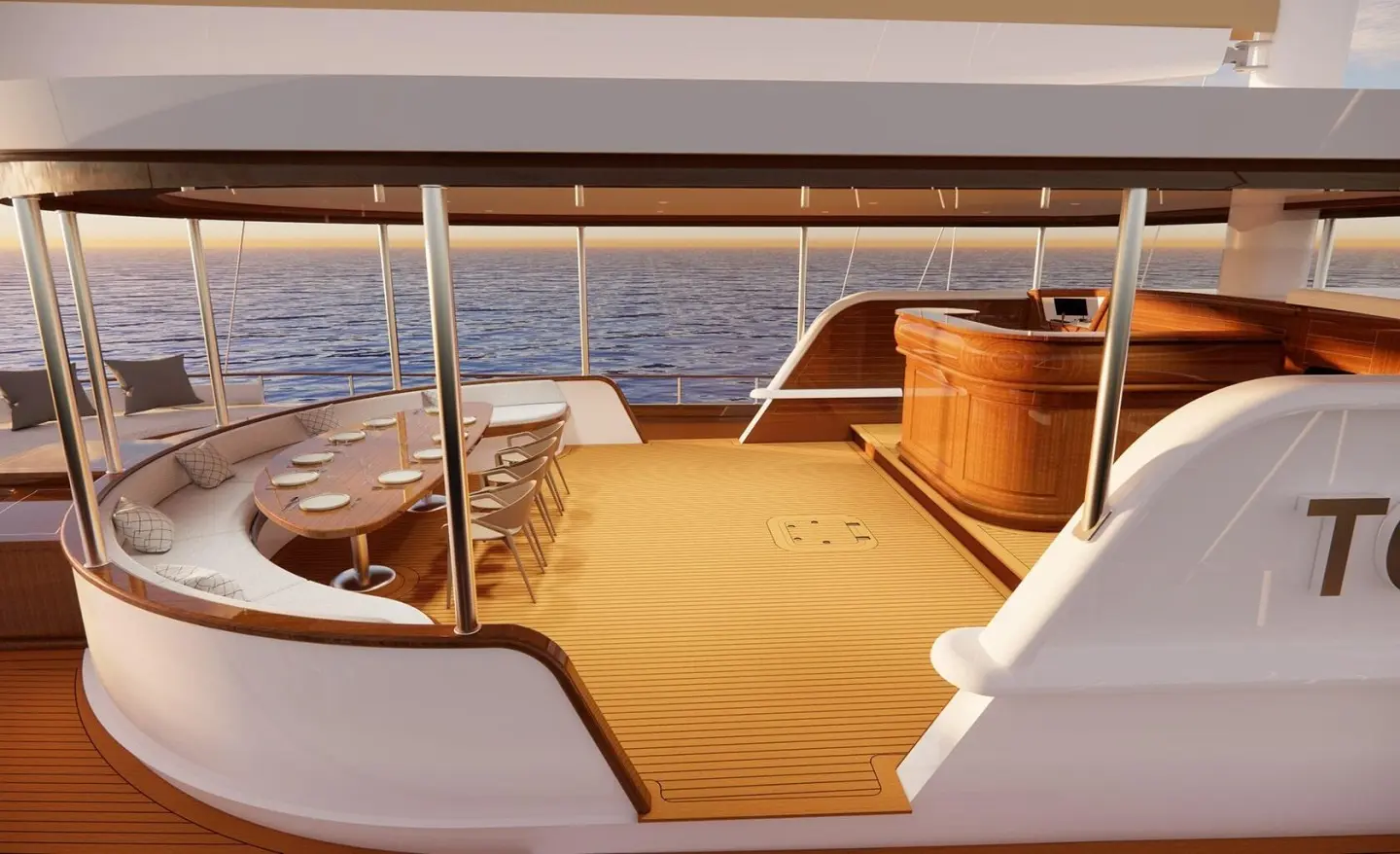 Aft deck of gulet Tosca with wooden floor and seating area near railings