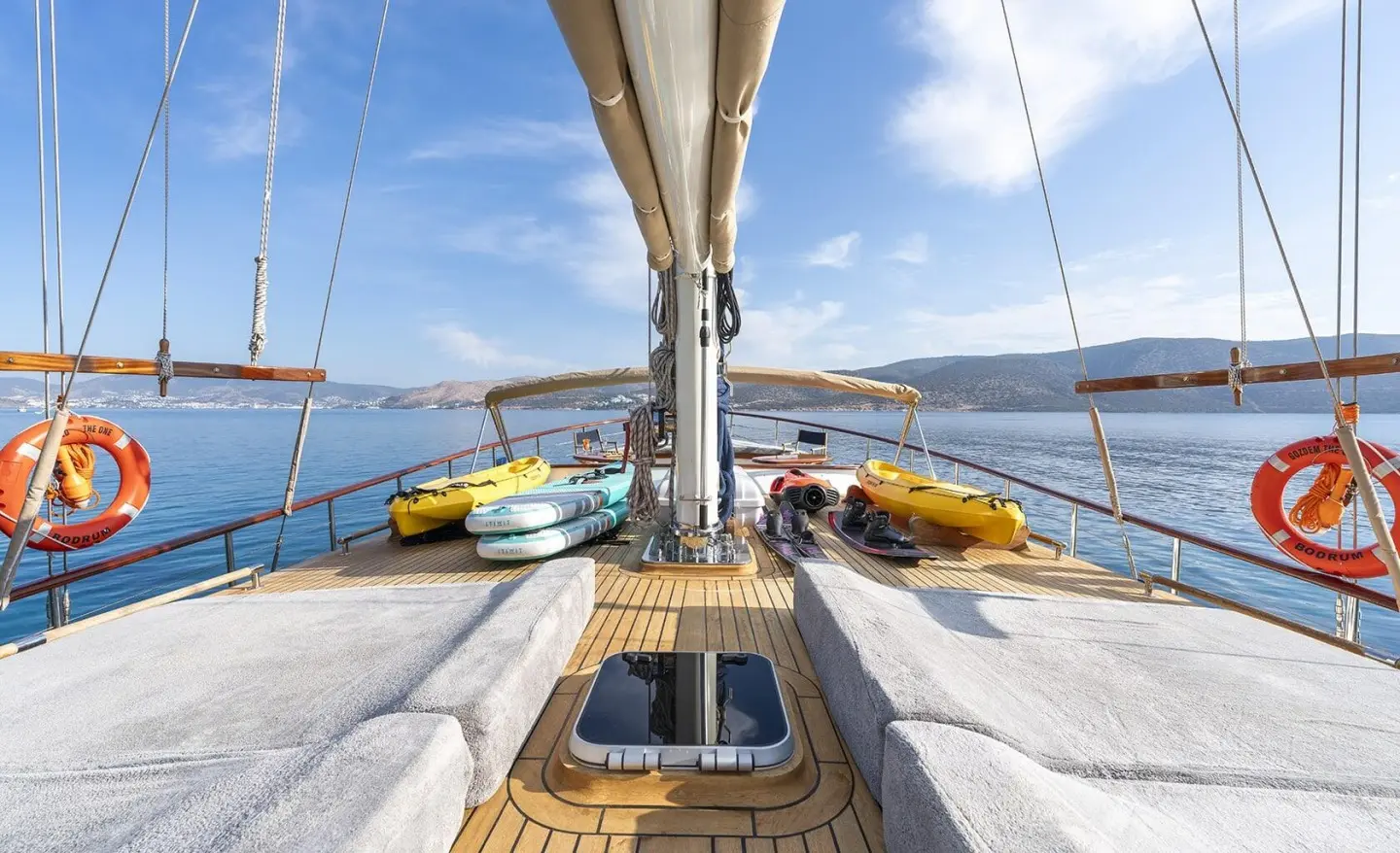 Sun deck view from Gozdem The One yacht with seating and railing on either side