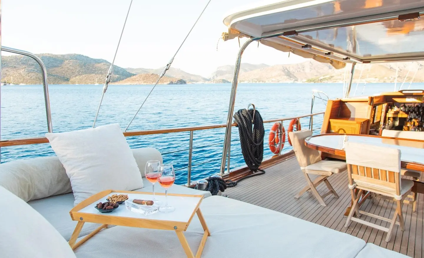 Derin Deniz yacht aft deck with seating, table, and ocean view