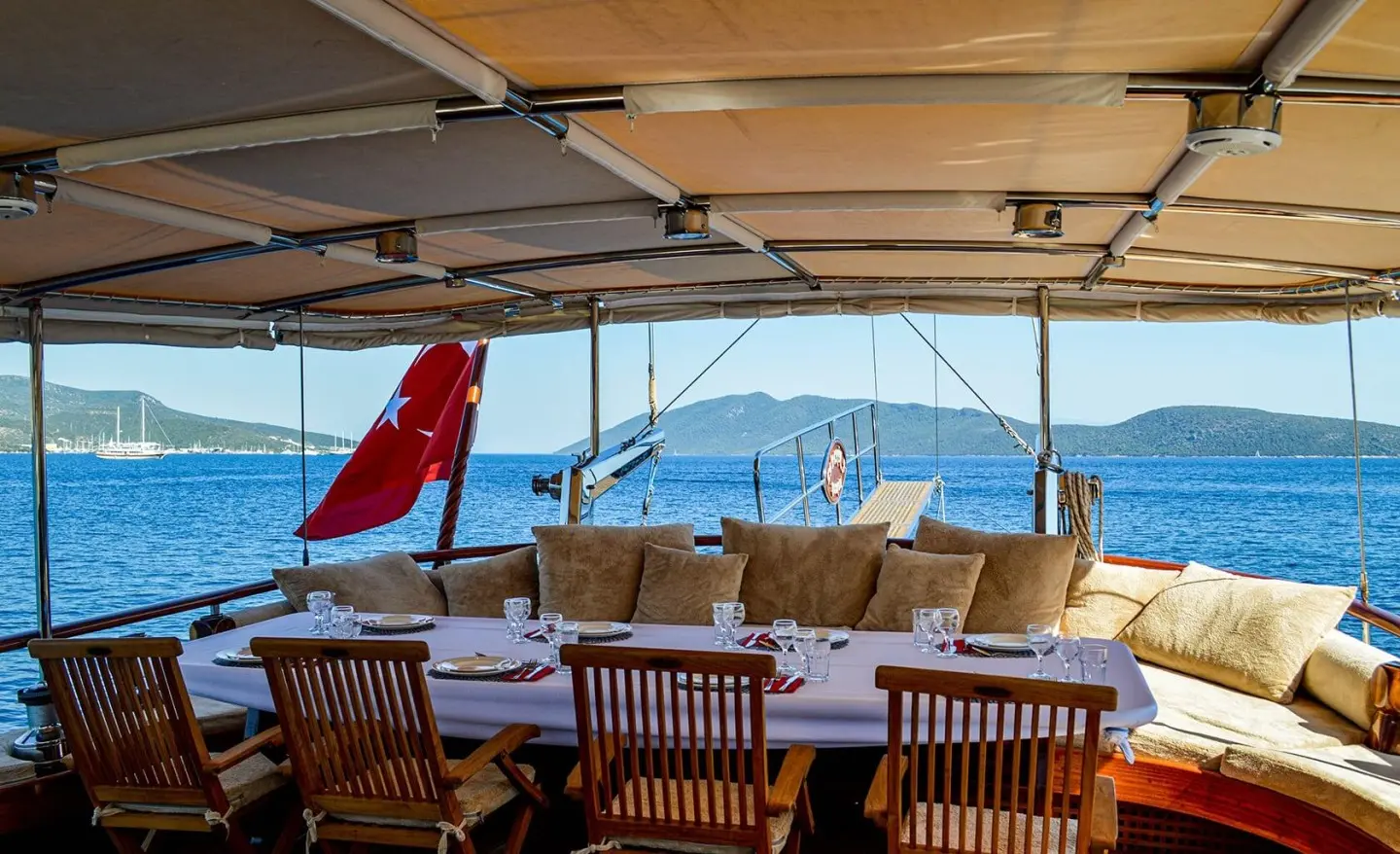 Enderim A yacht charter seen from shaded deck with seating and sea horizon