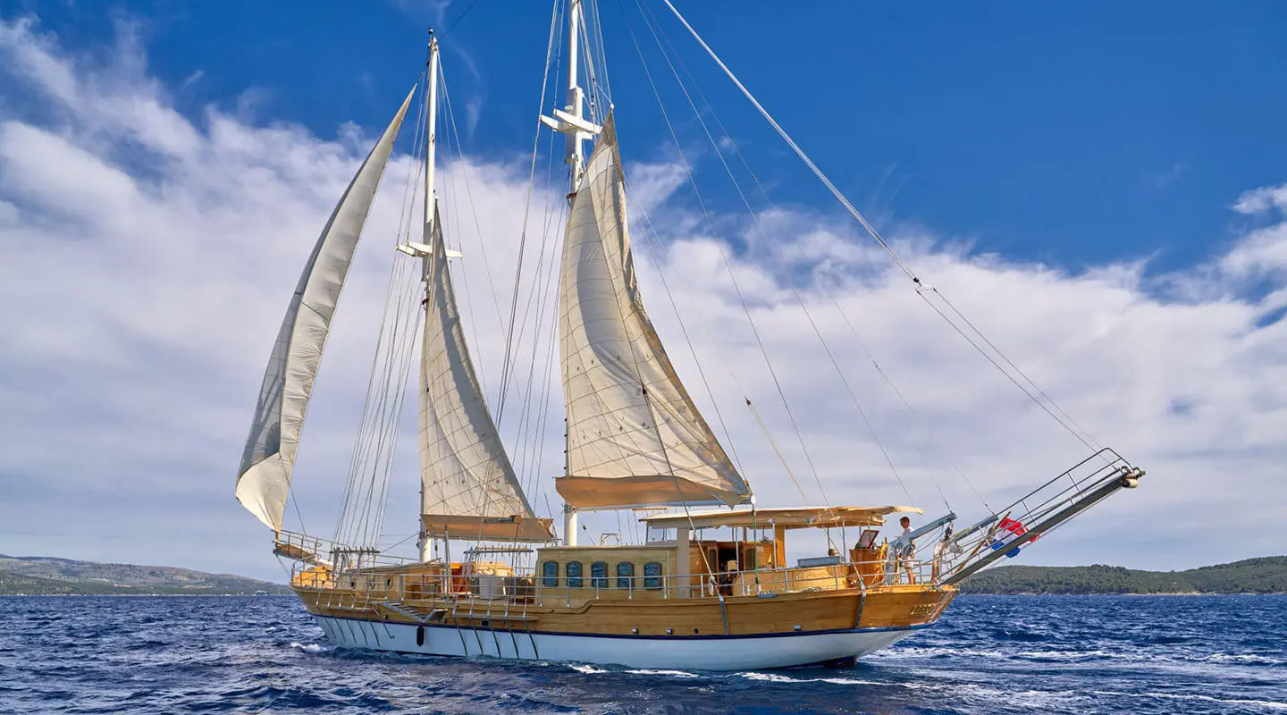 Libra luxury gulet sailing at sunset with tall sails and wooden deck