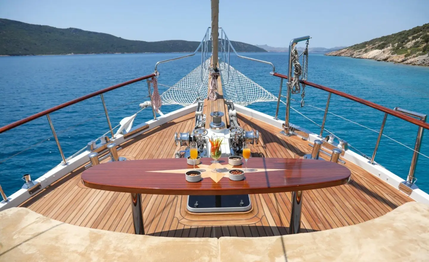 Bow deck of Ulucinar gulet with polished wood, railings, and open sea ahead