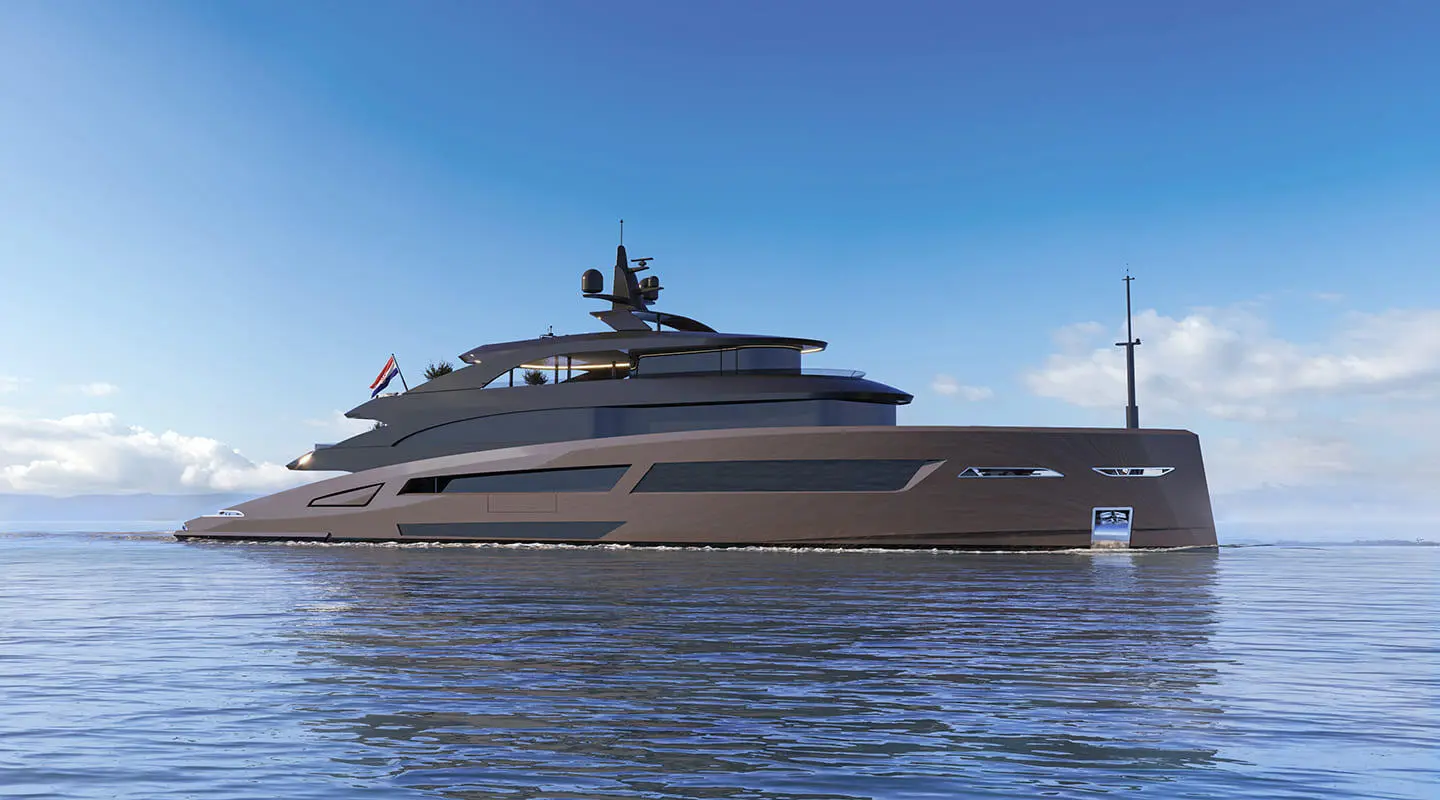 Side view of Bello luxury yacht anchored on calm blue water under clear sky