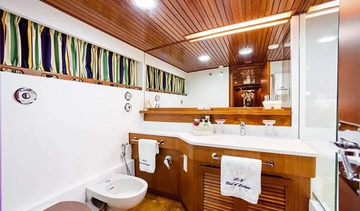 Master cabin with king bed, wooden paneling, ensuite bathroom visible