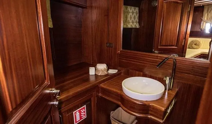 Small wood-paneled bathroom aboard Arif Kaptan A with sink and mirror
