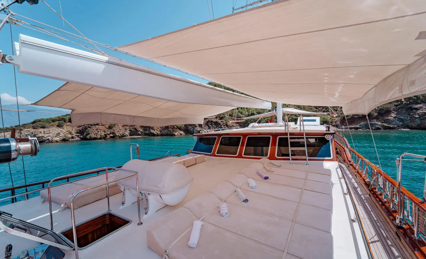 Lycian Queen yacht sun deck with large shaded area and turquoise sea