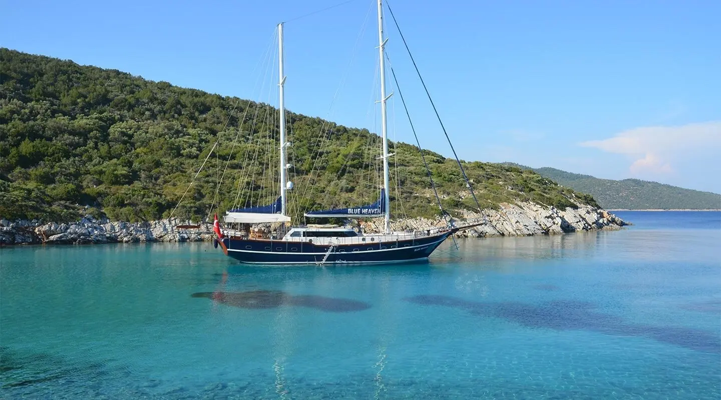 Blue Heaven yacht anchored in clear turquoise water near rocky coast at sunset