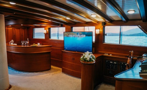 Luxurious Wicked Felina yacht interior with polished wood panels, curved bar, TV displaying blue water, and panoramic windows over calm sea