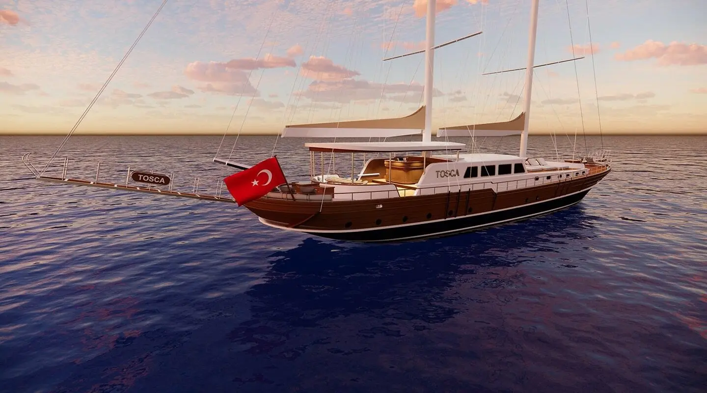 Luxurious sailing yacht Tosca with white superstructure on open sea at sunset