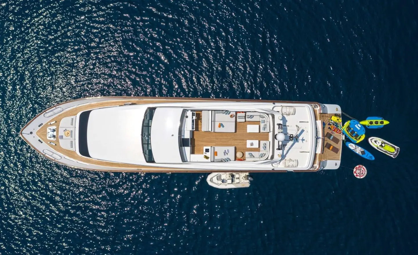 Top-down view of Grace luxury motor yacht at sea with deck seating
