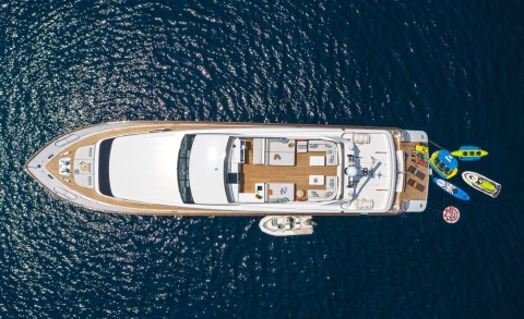 Overhead view of Grace yacht with spacious deck seating and outdoor areas