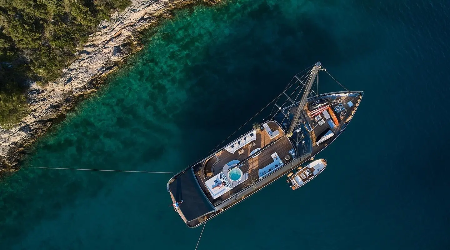 Aerial view of the Rara Avis gulet sailing yacht on blue water