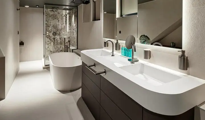 Anetta master cabin bathroom aboard a yacht with sink, vanity, and tub visible