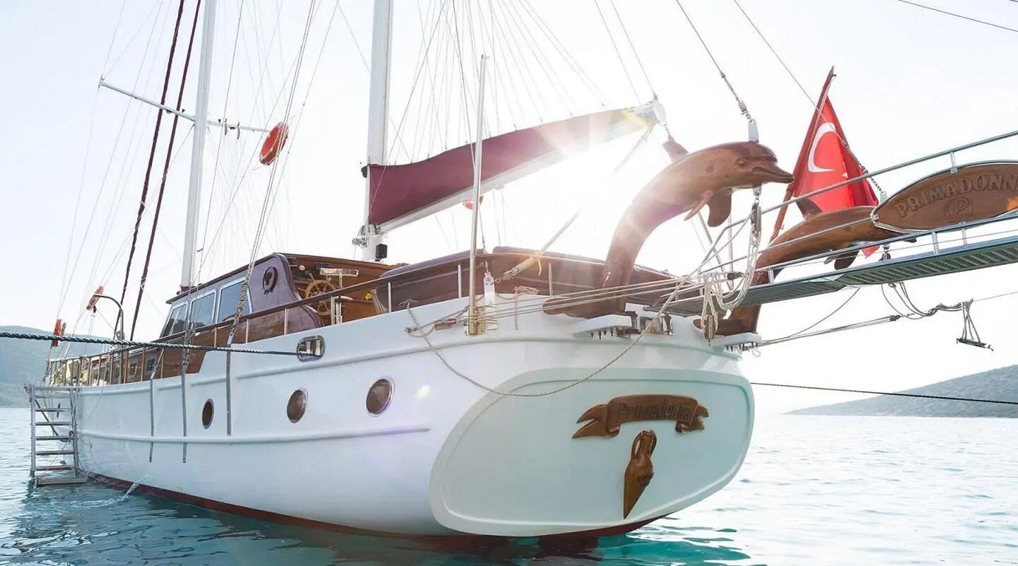 Gulet Primadonna viewed from rear, white hull, aft deck with shade and rigging