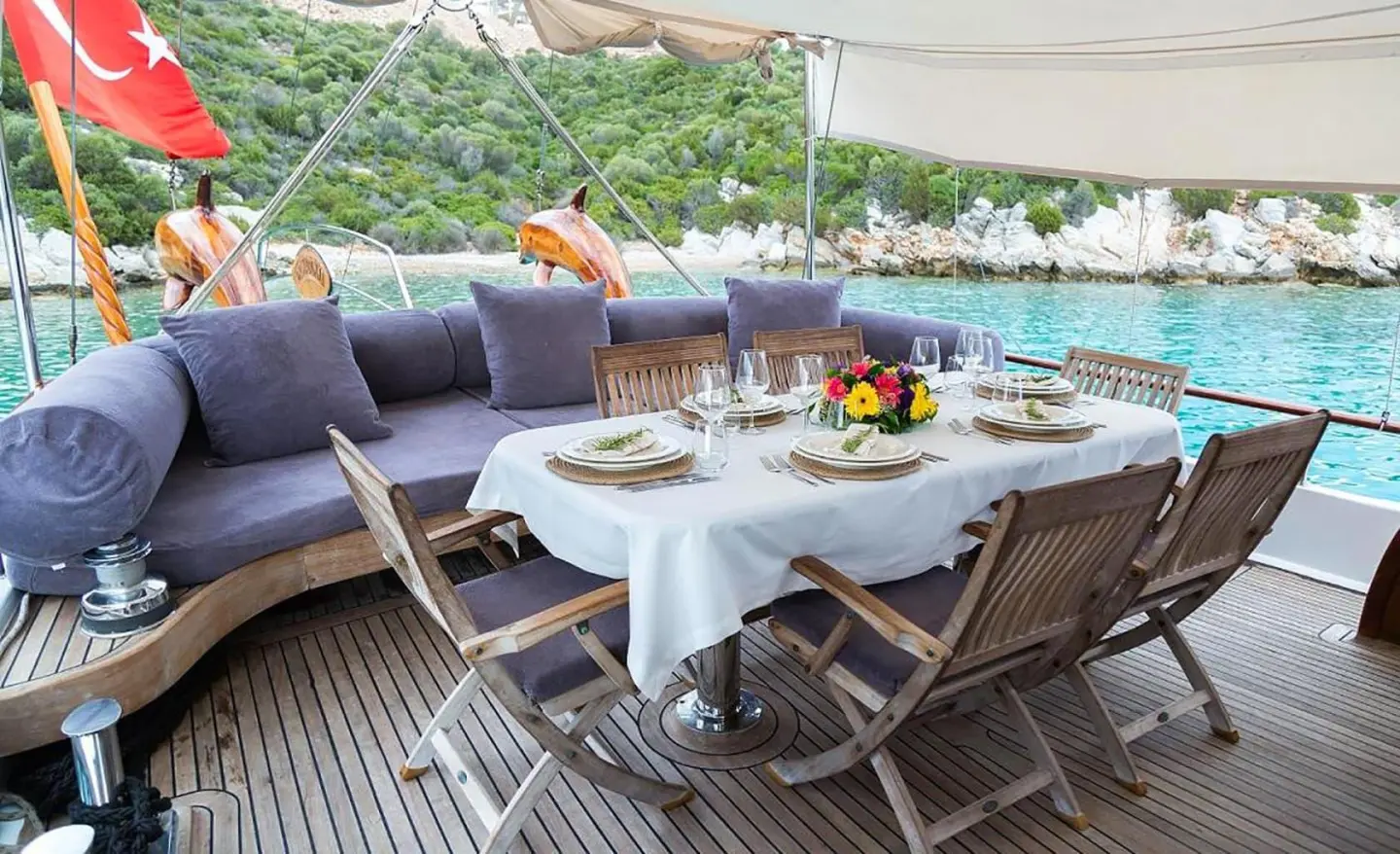 Primadonna gulet dining area on aft deck with table set and chairs