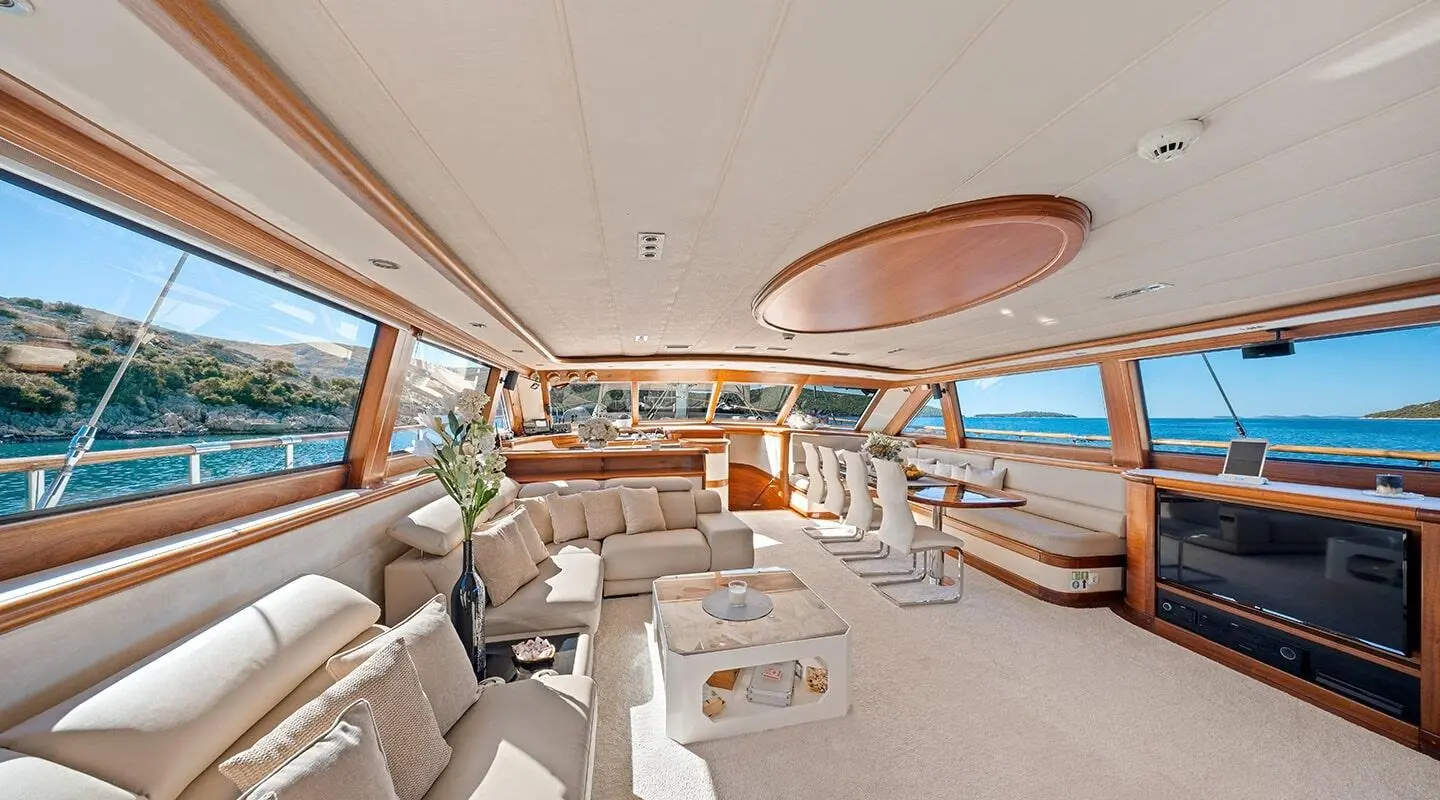 Alessandro I yacht deck at sunset with seating and ropes on deck