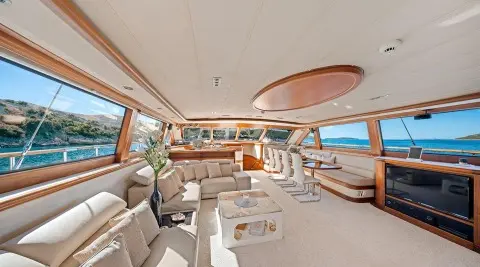 Alessandro I yacht deck at sunset with seating and ropes on deck