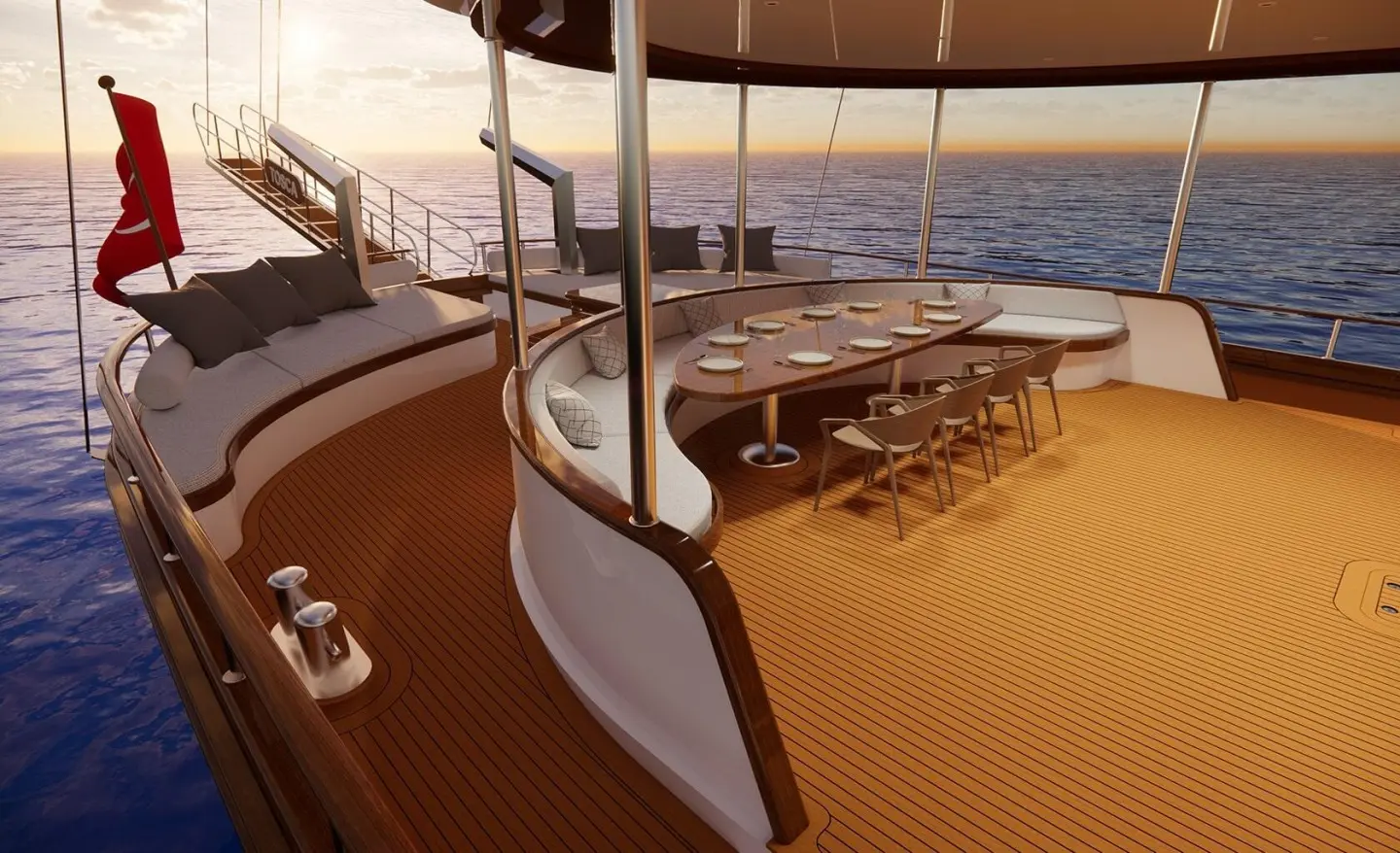 Tosca yacht deck with a dining table and seating area, open sea and sunset lighting