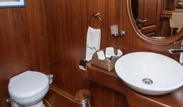 Bathroom aboard Bedia Sultan cabin: wooden walls, sink, mirror, towels