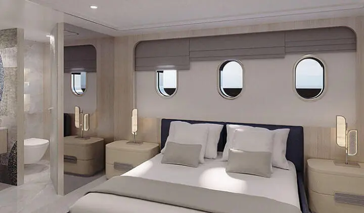 Maia yacht master cabin with two single beds pushed together and en-suite area visible