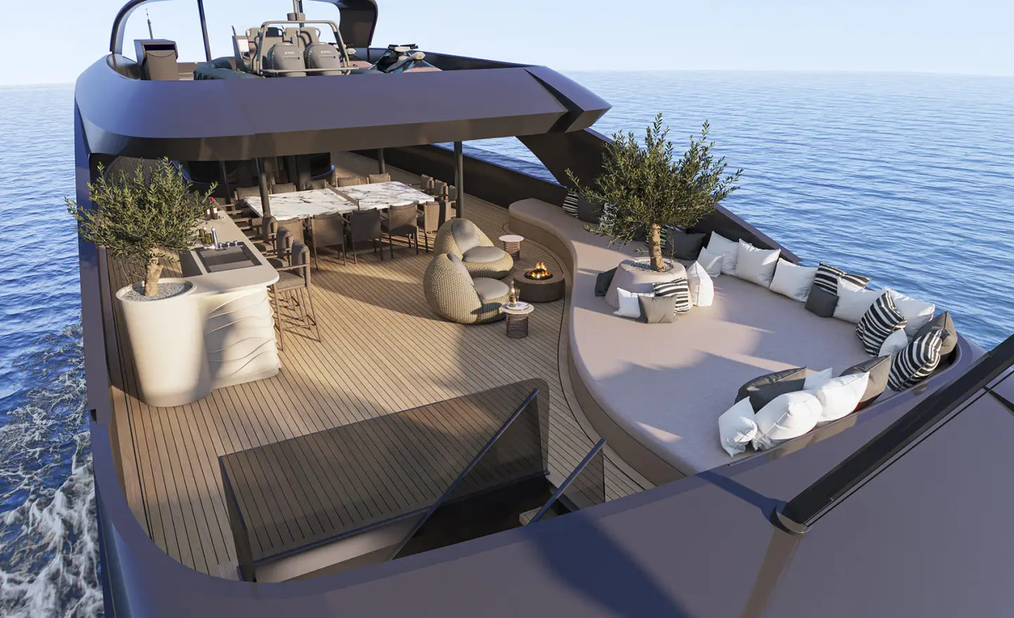 Bello luxury yacht sun deck with seating, shade, and ocean view