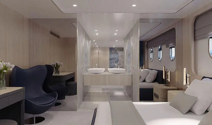Interior view of Maia cabin showing king bed, ensuite, and seating area