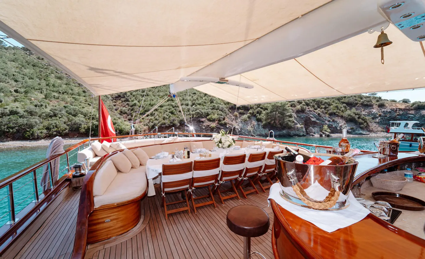 Lycian Queen yacht deck under sunshade with polished wood and seating