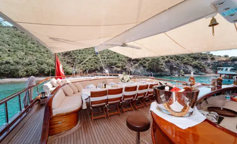 Lycian Queen yacht deck under sunshade with polished wood and seating