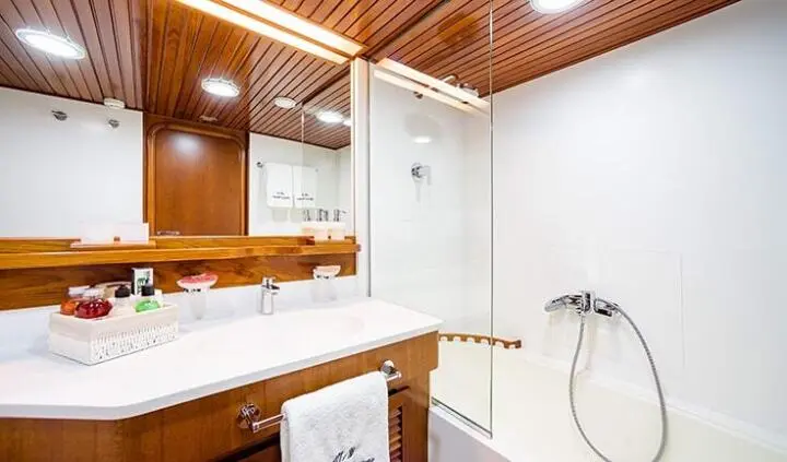 Master cabin with king bed, wood paneling, en-suite bathroom, shower visible