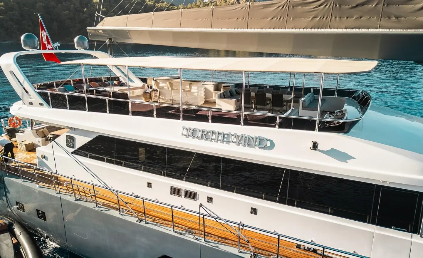 North Wind motor yacht seen docked with white hulls and upper deck windows