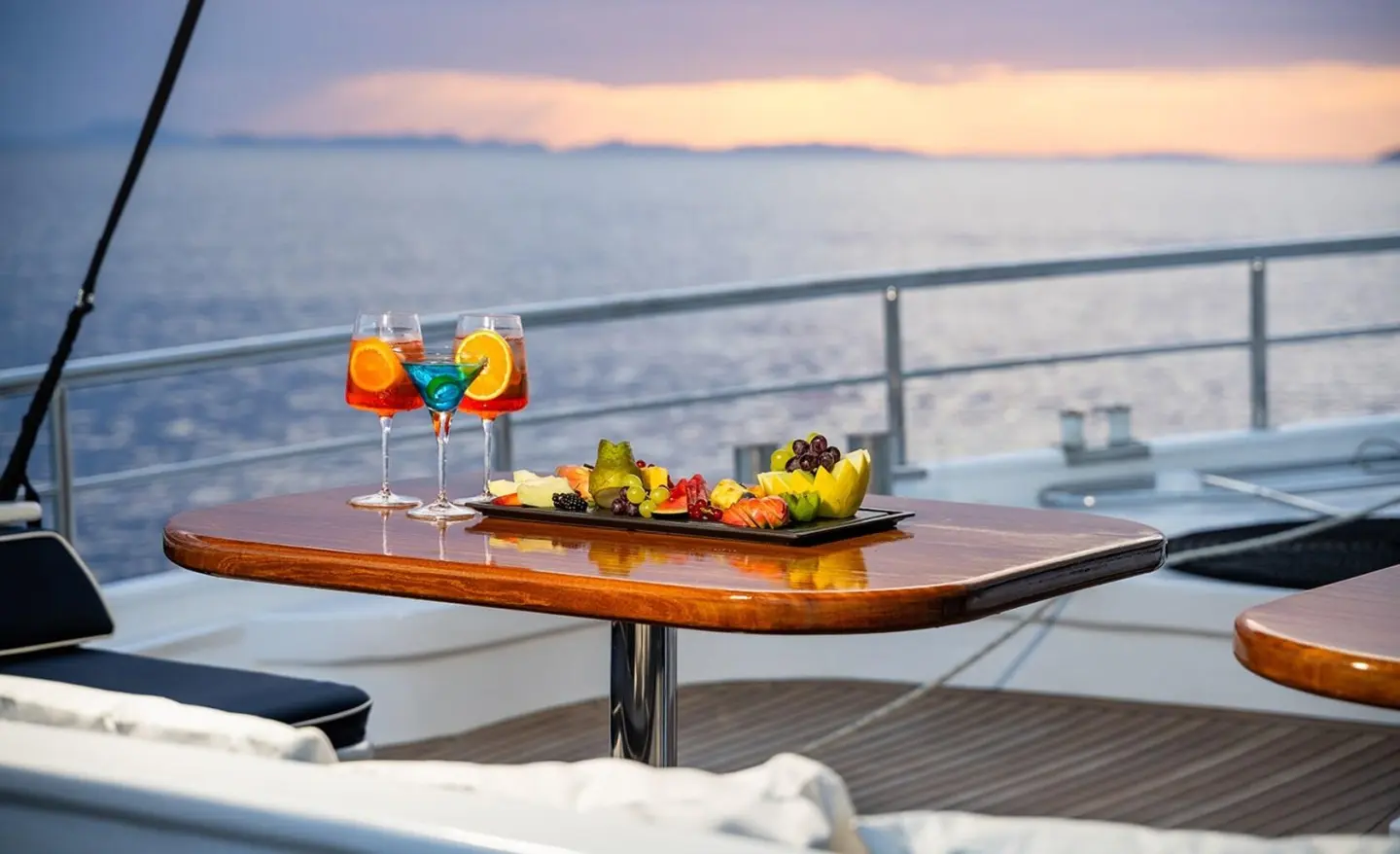 A wooden table with colorful drinks on deck of a yacht at sunset by the calm sea