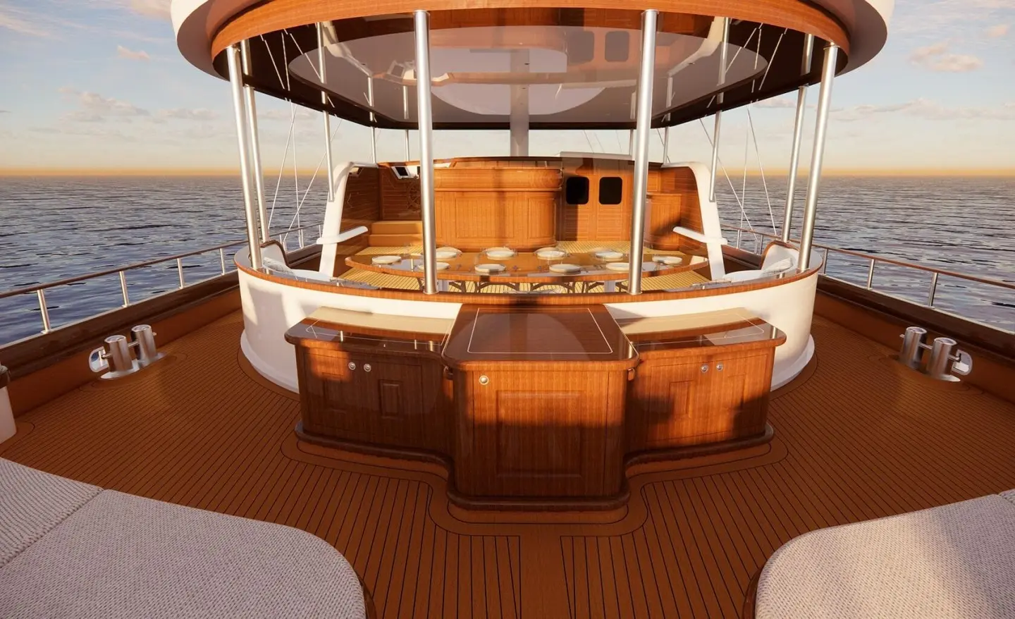 Tosca yacht on calm water with sunlit teak deck and seating under canopy