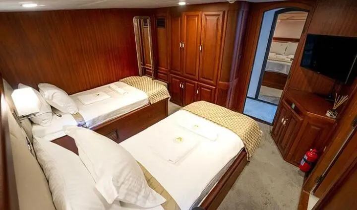 Twin cabin interior with wood cabinetry, two single beds, and beige bedding