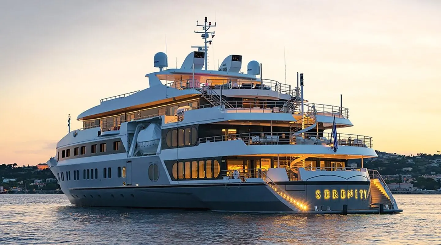 Marquise luxury motor yacht at sunset, multiple decks, calm water