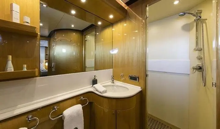Master cabin with king bed, ensuite bathroom, wood paneling and mirror