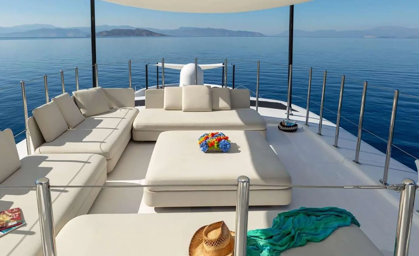 Sunlit yacht Sea Wolf deck with white seating and a view over turquoise sea at sunset