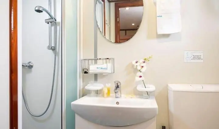 Mendula yacht cabin interior with compact sink, mirror, shower, and amenities