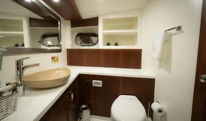 Cozy yacht master cabin with king bed and ensuite bathroom, wood accents