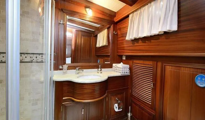 Samarkand cabin: compact ensuite bathroom with wood paneling and sink