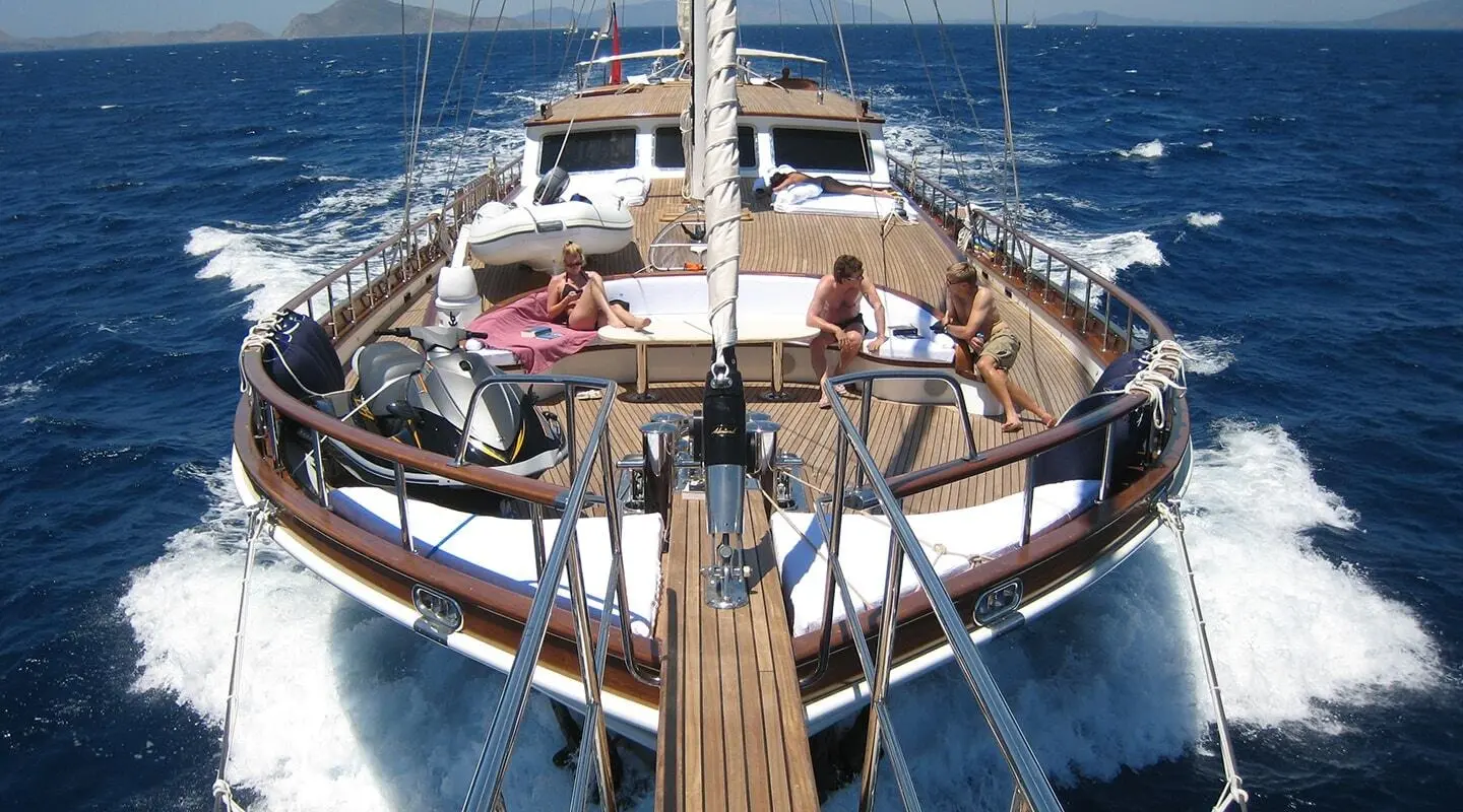 Kaya Guneri 5 sailing yacht on blue sea with sun loungers on deck