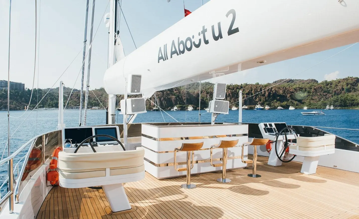 Sailboat Yacht All About U 2 with flybridge deck and seating area