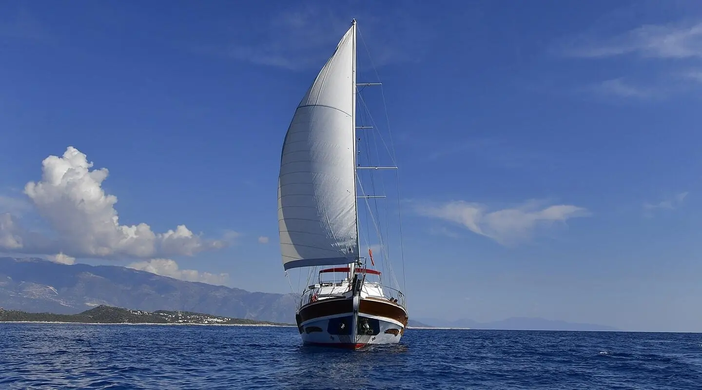 Sailing yacht Blu Dream with a large white sail, blue sea, clear sky