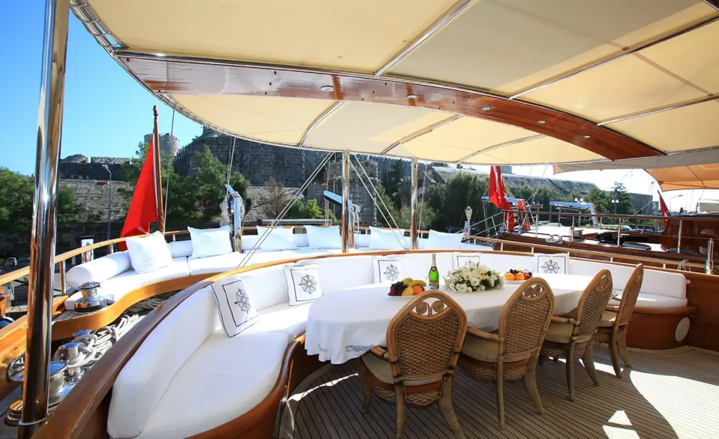 Aft deck of Kaya Guneri 5 gulet with shaded seating area and wooden chairs