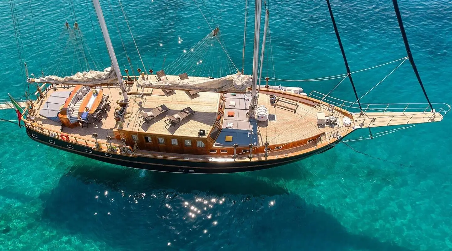 Aerial view of gulet Myra yacht anchored in clear turquoise water