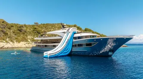 Bella yacht with blue waterslide at stern, docked near hillside coastline