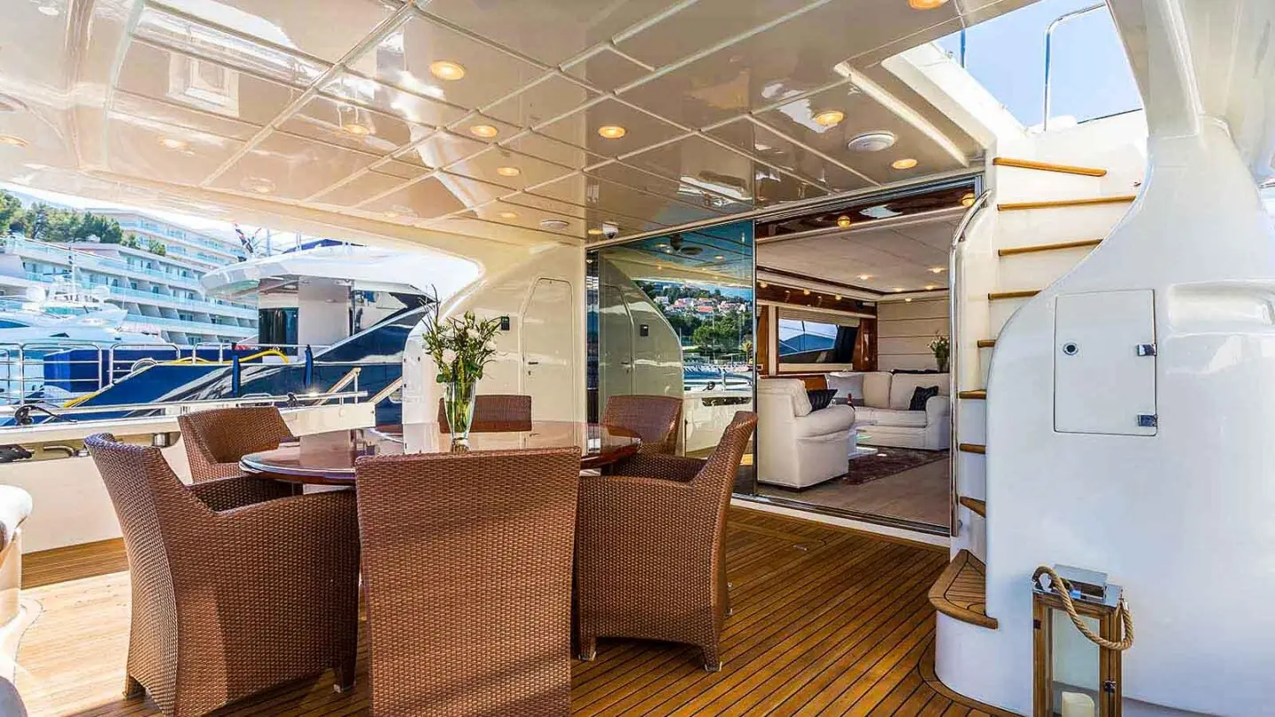 Miss Katariina yacht exterior and deck seating under sunny sky