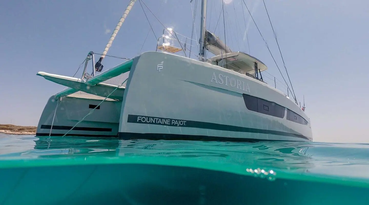 Astoria luxury yacht at sunset with teal hull and gray superstructure