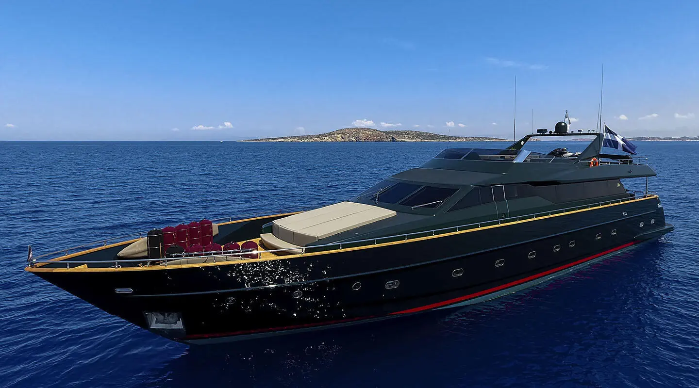 Luxury yacht named Can't Remember anchored beside calm blue sea